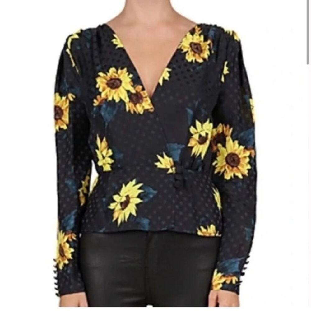 The Kooples Paris Black Sunflower Silk Blend Wrap Blouse Size 3